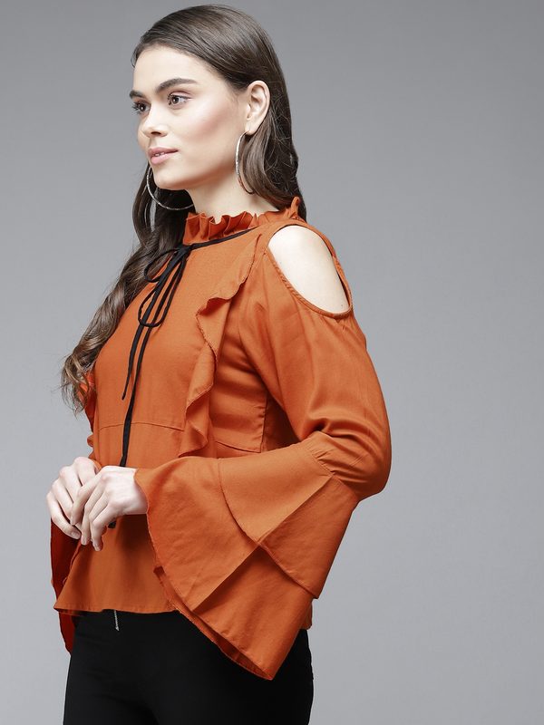 The Dry State Women Rust Orange Ruffles Peplum Top