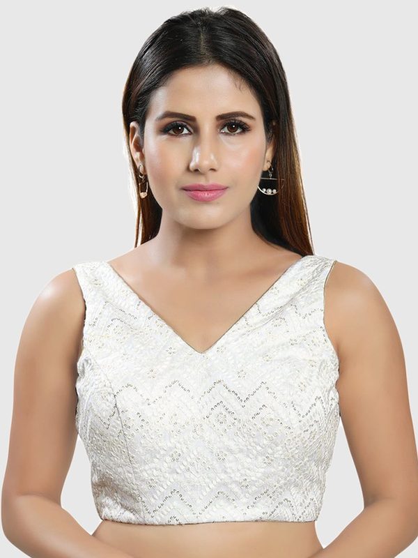 SALWAR STUDIO Women White Art Silk Embroidered Saree Blouse