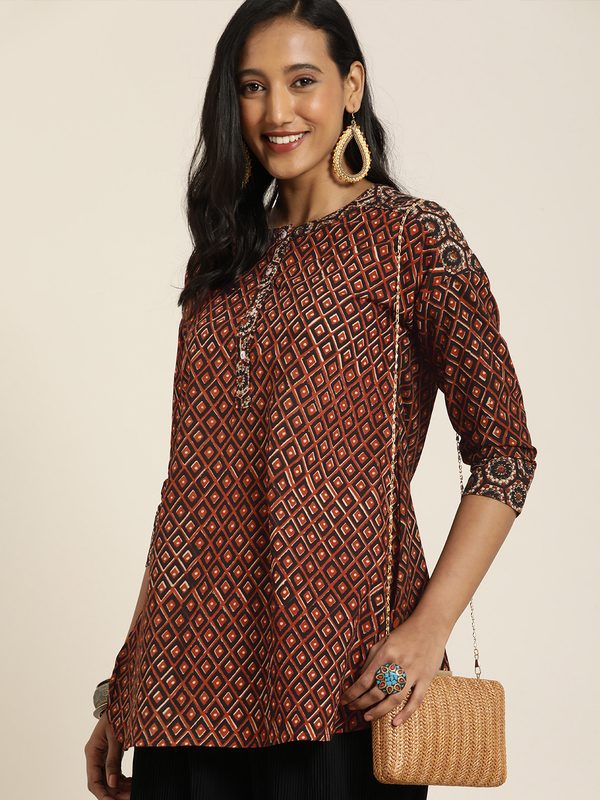 Taavi Women Maroon & Black Bagru Hand Block Printed Top with Button Detail
