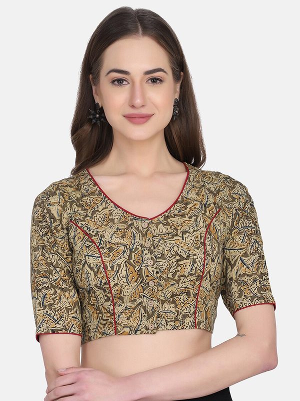 THE WEAVE TRAVELLER Brown & Green Hand Block Printed Cotton Saree Blouse