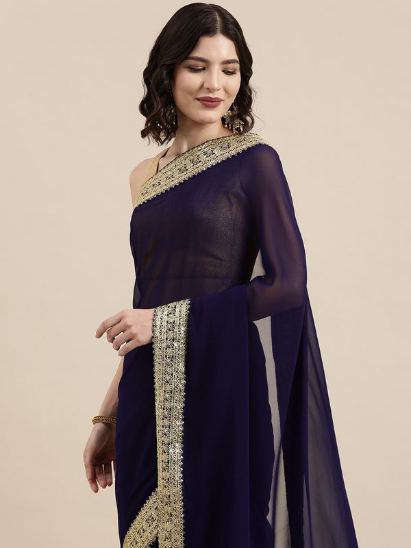 VAIRAGEE Navy Blue Embroidered Pure Georgette Saree