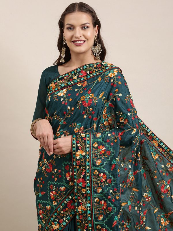 VAIRAGEE Teal & Red Ethnic Motifs Embroidered Silk Blend Saree