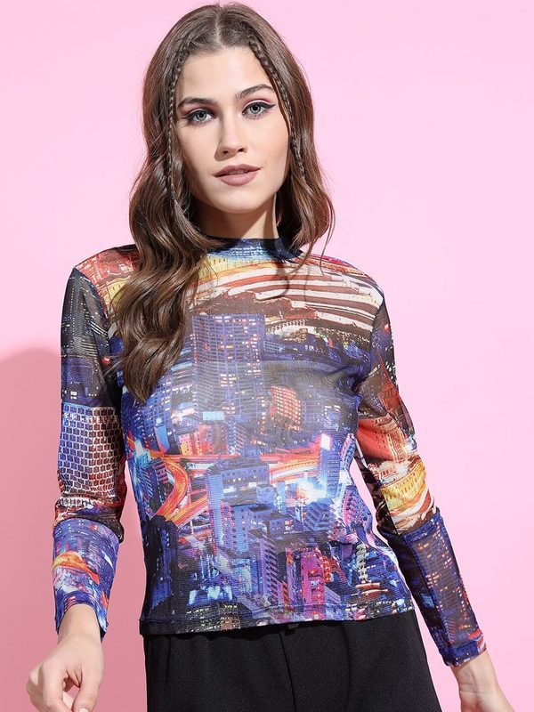 Tokyo Talkies Women Stunning Blue Graphic New Neckline Top