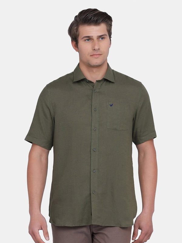 Blackberrys Men Olive Green Slim Fit Linen Casual Shirt