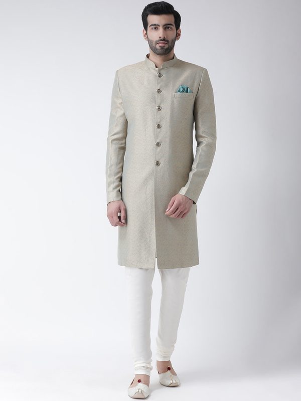 KISAH Men Blue & Beige Self-Design Cotton Sherwani Set