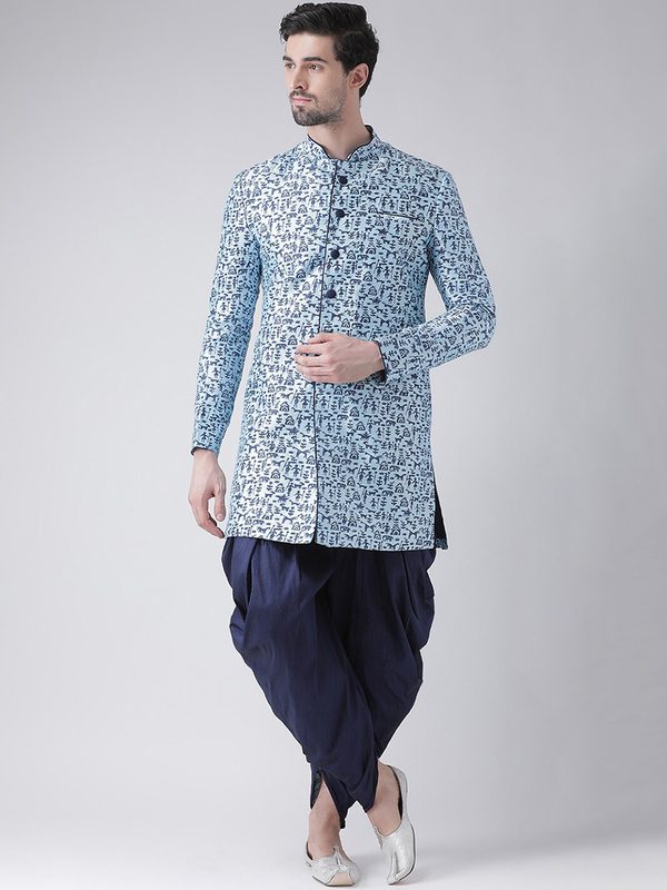 DEYANN Men Turquoise Blue & Navy Blue Ethnic Motifs Printed Sherwani With Dhoti Pants