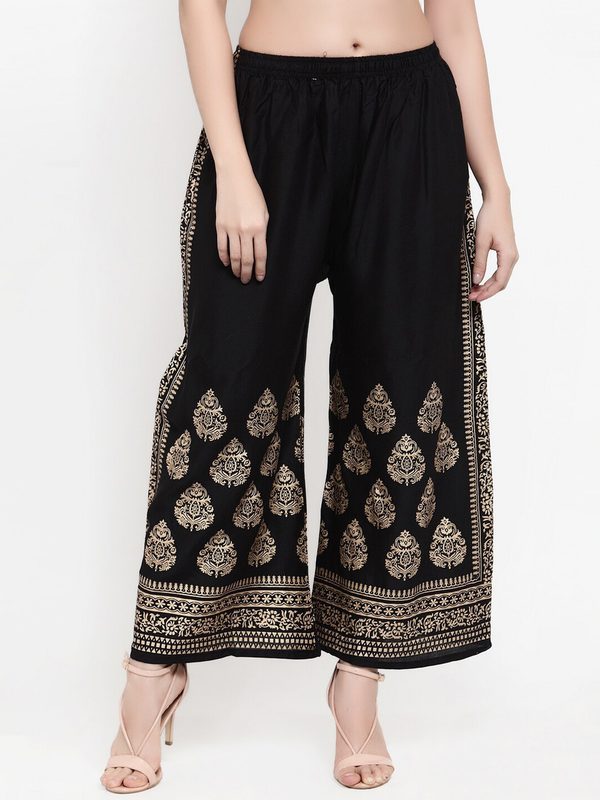 Miaz Lifestyle Women Black & Gold-Toned Ethnic Motifs Printed Palazzos