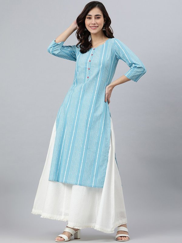 Janasya Women Blue Cotton Striped Straight Kurta
