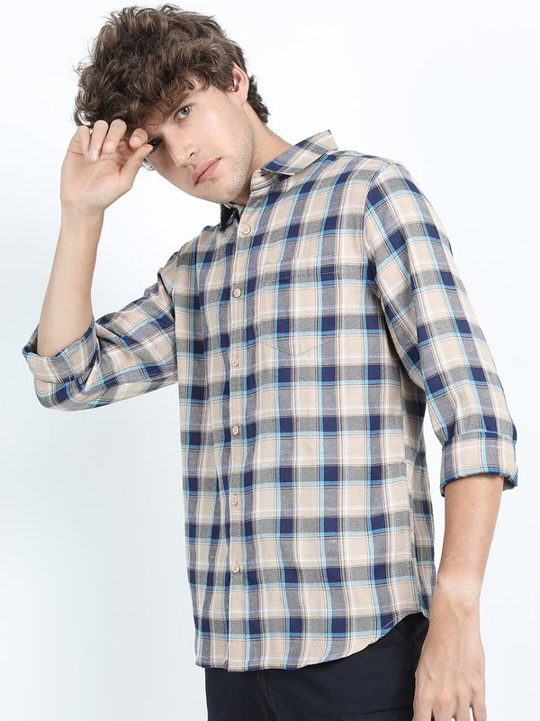 KETCH Men Beige Slim Fit Tartan Checks Checked Casual Shirt