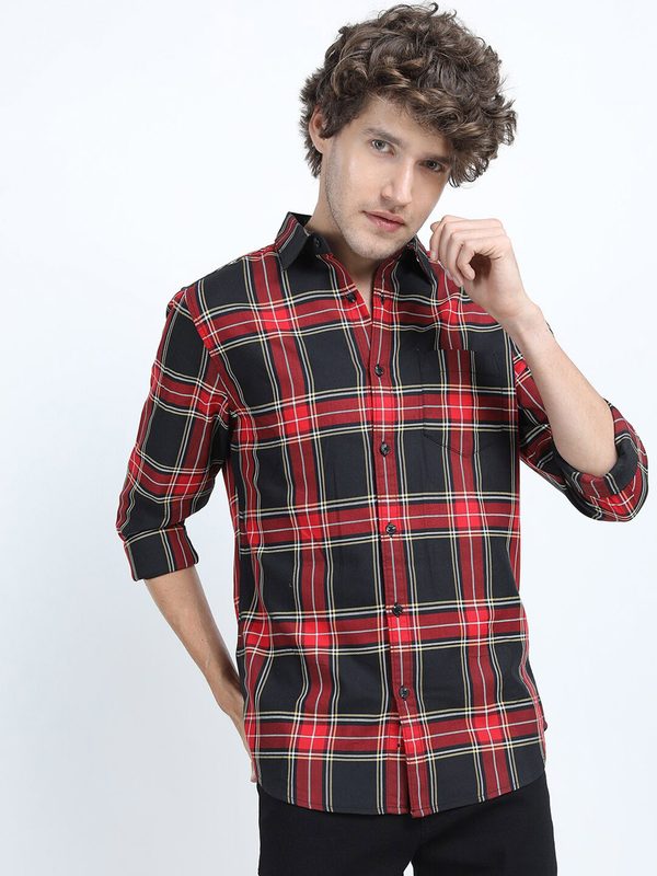 HIGHLANDER Men Black & Red Slim Fit Tartan Checks Checked Casual Shirt
