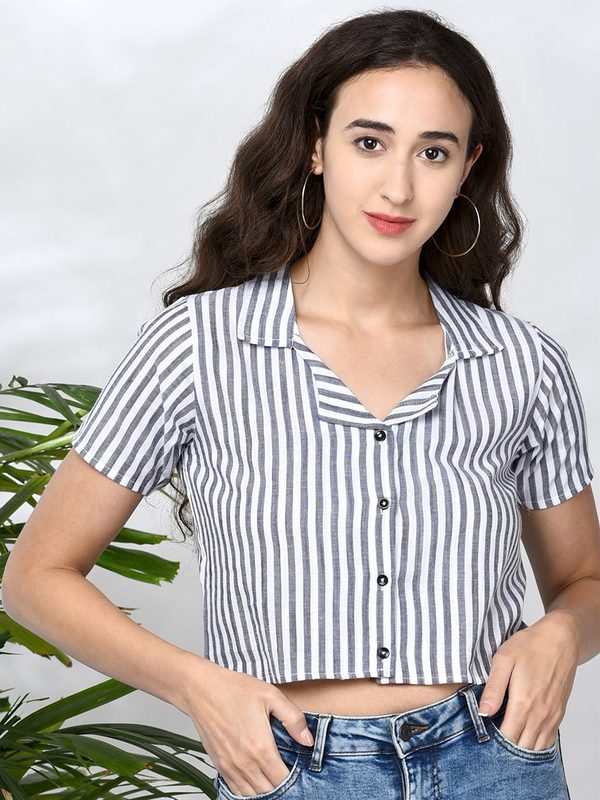 CHIMPAAANZEE Women Black Classic Boxy Striped Casual Shirt