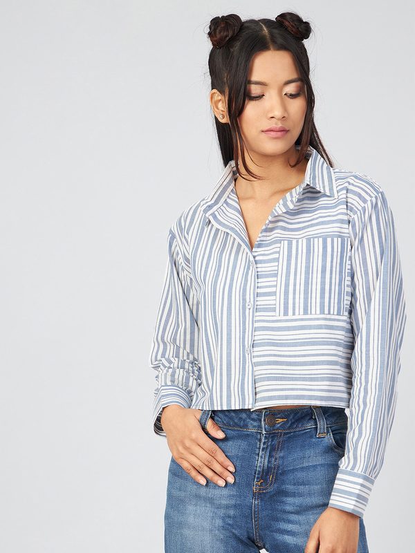 CHIMPAAANZEE Women Blue Boxy Striped Casual Shirt