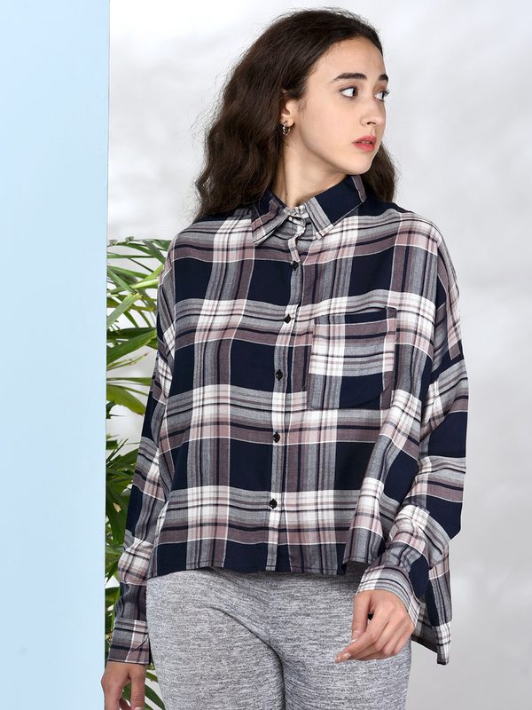CHIMPAAANZEE Women Pink & Navy Blue Boxy Tartan Checked Casual Shirt