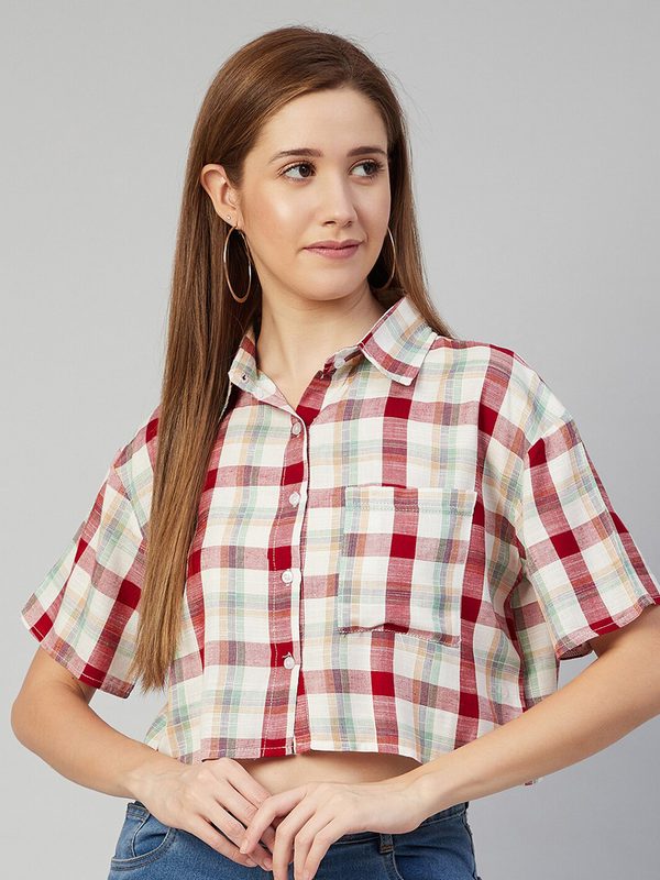 CHIMPAAANZEE Women Red Boxy Tartan Checks Checked Casual Shirt