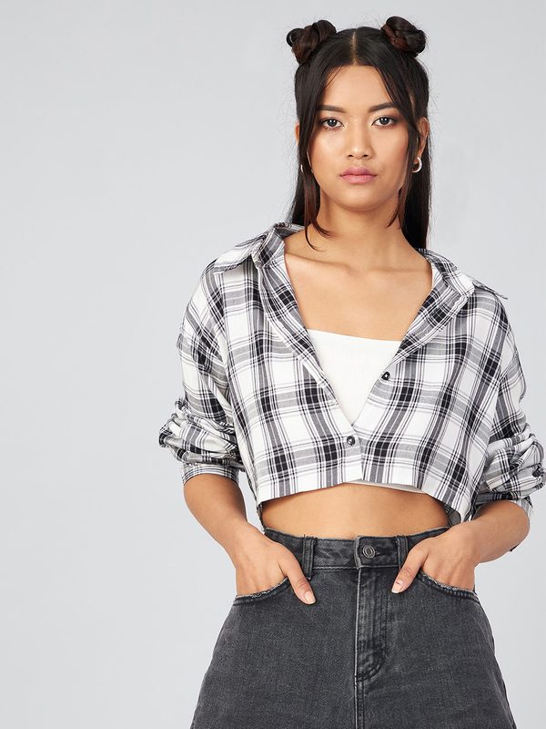 CHIMPAAANZEE Women White & Black Boxy Checked Casual Shirt