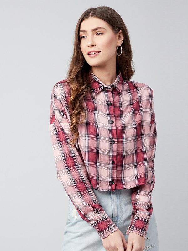 CHIMPAAANZEE Women Pink Boxy Tartan Checks Checked Casual Shirt