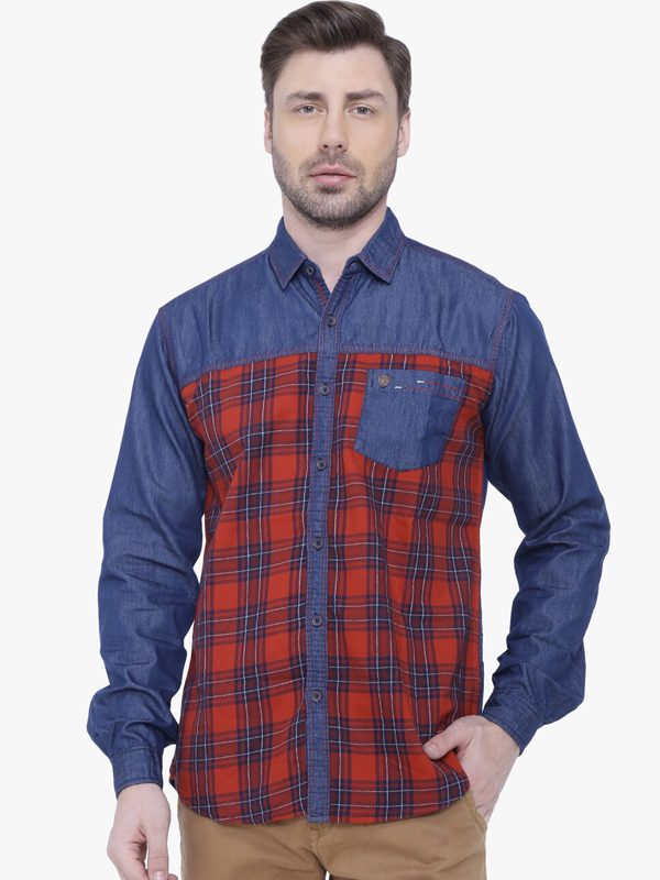 Kuons Avenue Men Maroon & Blue Smart Slim Fit Checked Cotton Denim Casual Shirt