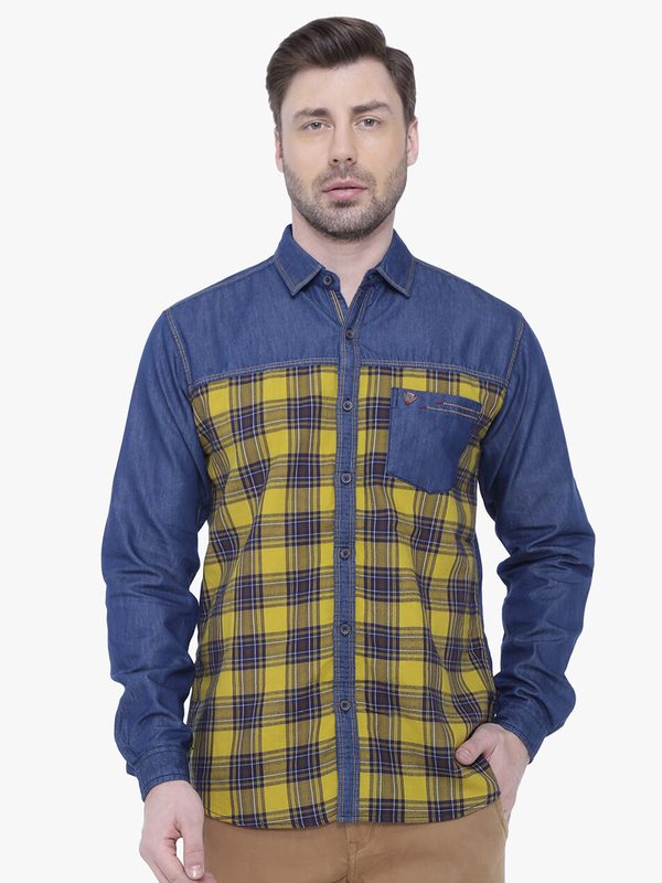 Kuons Avenue Men Yellow & Blue Smart Slim Fit Checked Cotton Casual Shirt