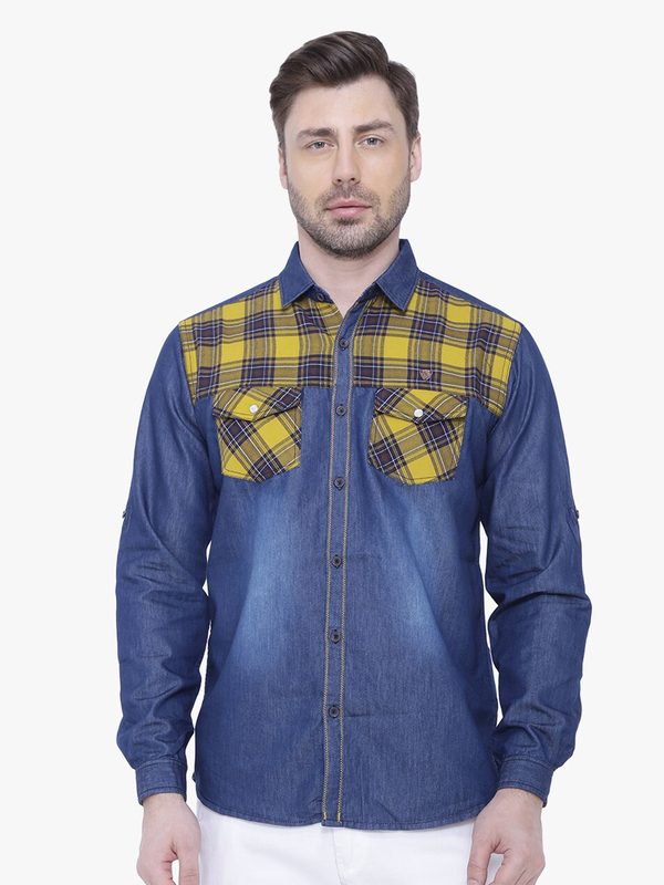 Kuons Avenue Men Blue Smart Slim Fit Checked Cotton Denim Casual Shirt