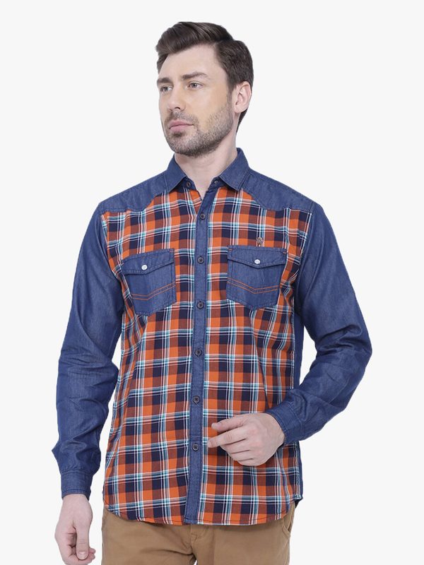 Kuons Avenue Men Blue & Orange Smart Slim Fit Checked Cotton Denim Casual Shirt