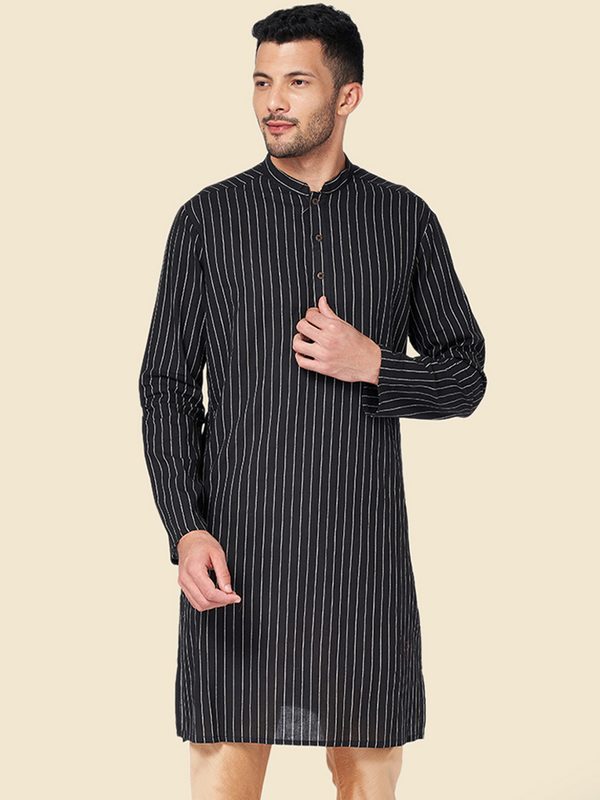 indus route by Pantaloons Men Black Striped Dobby Kurta
