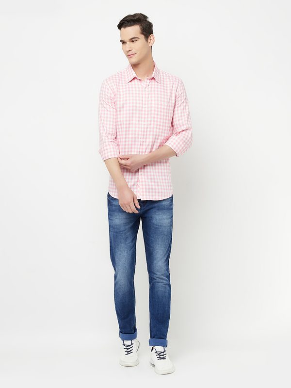 Crimsoune Club Men Pink Slim Fit Grid Gingham Checked Pure Cotton Casual Shirt