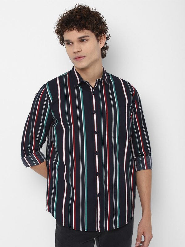 FOREVER 21 Men Navy Blue Striped Cotton Casual Shirt
