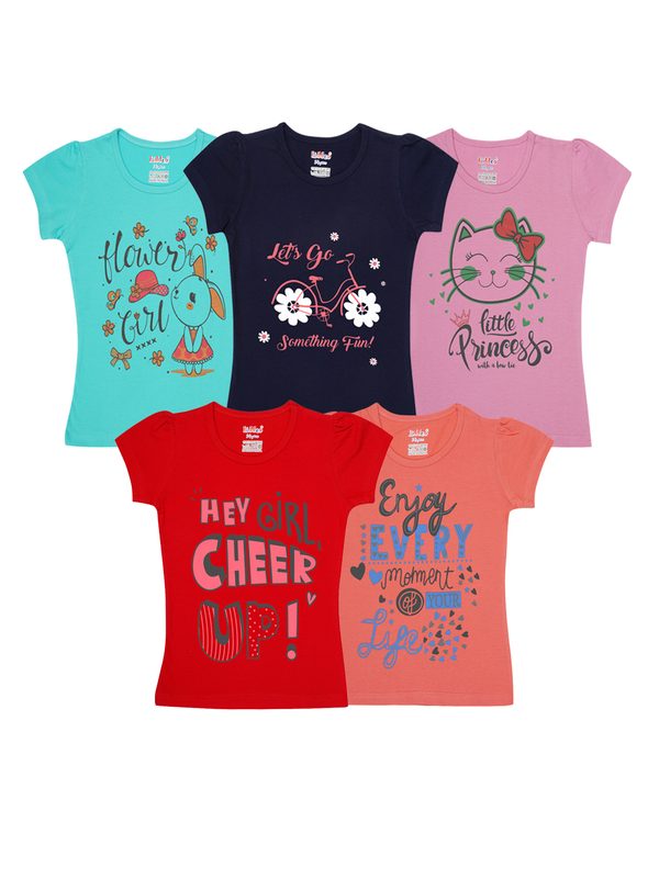 Kiddeo Girls Multicoloured Typography Set Of 5 Printed Cotton T-shirt