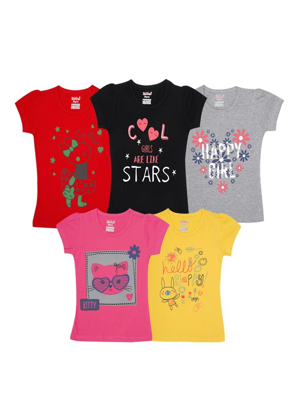 Kiddeo Girls Multicoloured Typography Set Of 5 Printed Cotton T-shirt