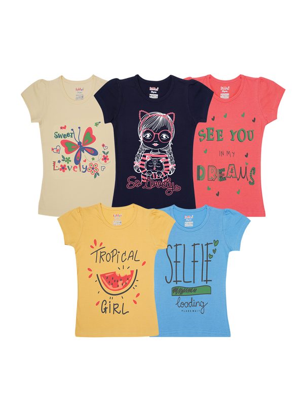 Kiddeo Girls Pack of 5 Printed Cotton T-shirt