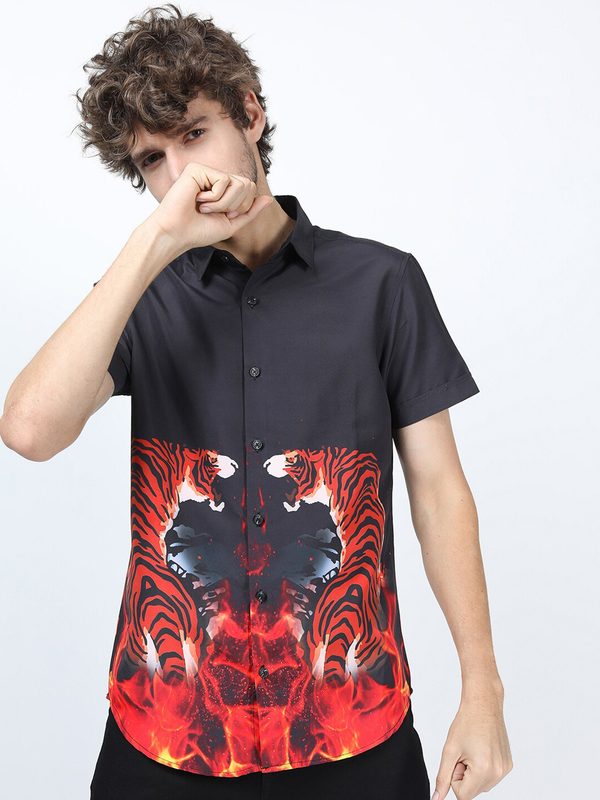 HIGHLANDER Men Black Slim Fit Printed Cotton Casual Shirt