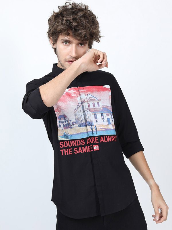 HIGHLANDER Men Black Slim Fit Printed Cotton Casual Shirt