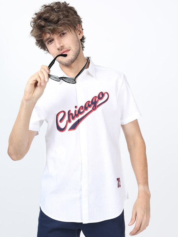 KETCH Men White & Navy Blue Slim Fit Printed Cotton Casual Shirt