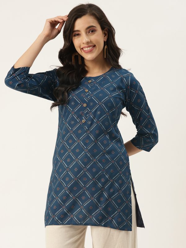 KBZ Blue & Beige Ethnic Motifs Printed Kurti