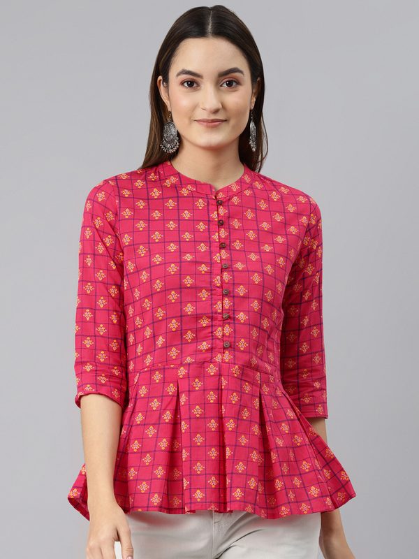 MALHAAR Pink & Yellow Ethnic Motifs Printed Pleated Kurti