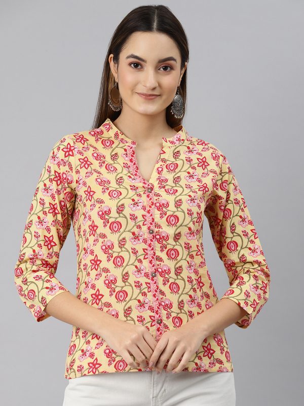 MALHAAR Yellow & Red Ethnic Motifs Printed Pure Cotton Kurti