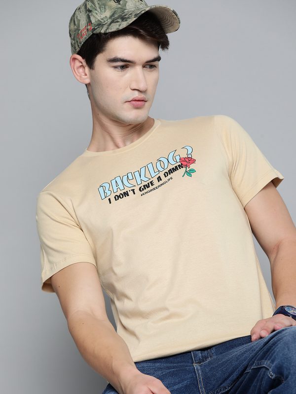Kook N Keech Men Beige Typography Printed Slim Fit Cotton T-shirt