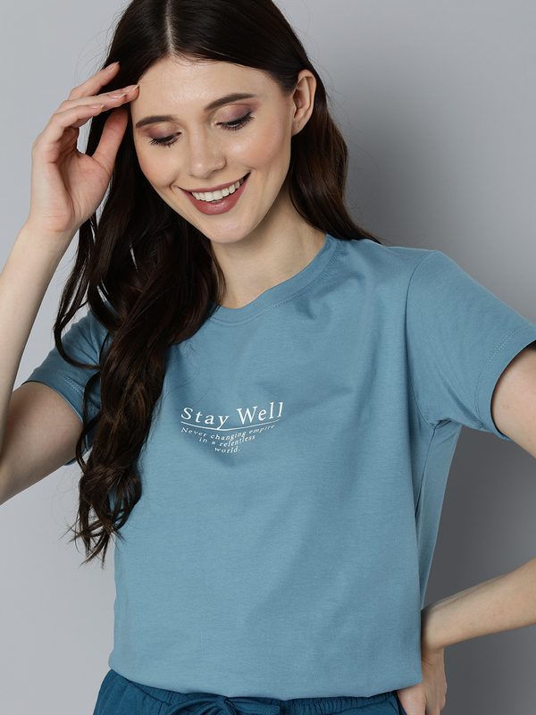 M&H Easy Women Teal Blue Typography Printed Pure Cotton T-shirt