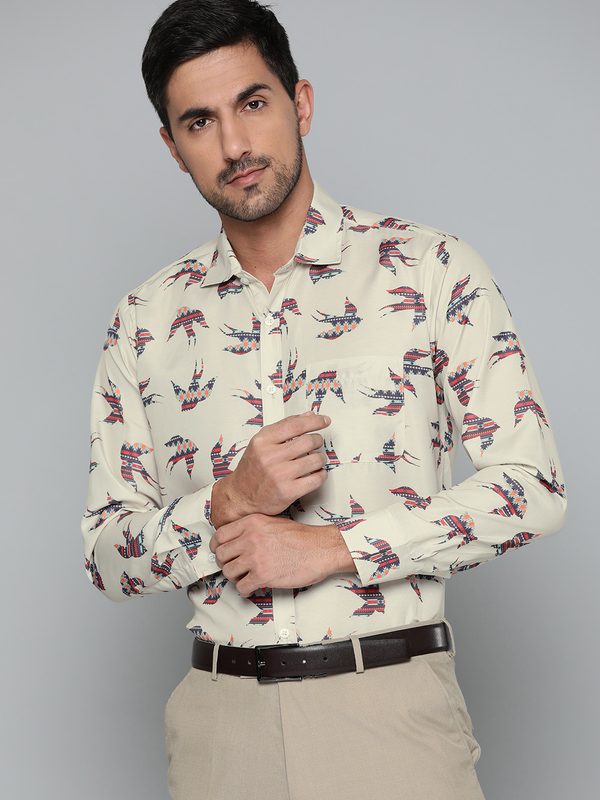 DENNISON Men Cream-Coloured & Navy Blue Smart Slim Fit Printed Formal Shirt