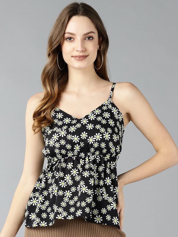 ZNX Clothing Black Floral Print Crepe Cinched Waist Top