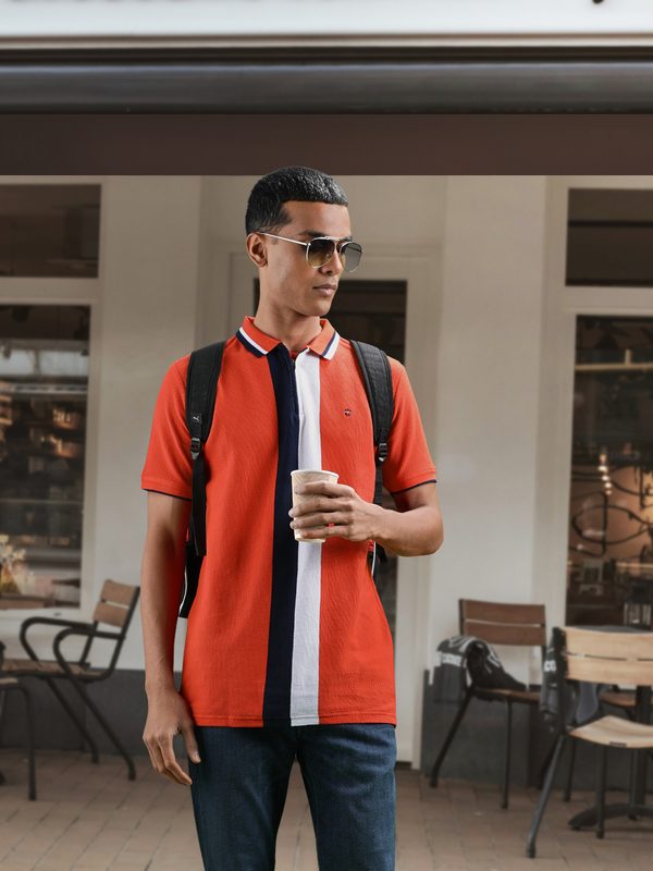 Louis Philippe Sport Men Orange Colourblocked Polo Collar Pure Cotton T-shirt
