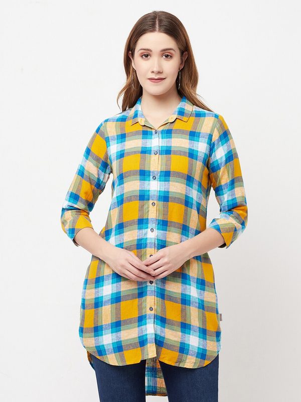 Crimsoune Club Women Mustard Checked Longline Casual Shirt