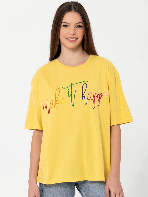Miss Poem Women Yellow & Pink Typography Drop-Shoulder Sleeves Pure Cotton T-shirt