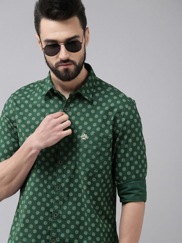 U.S. Polo Assn. Denim Co. Men Green Slim Fit Printed Pure Cotton Casual Shirt