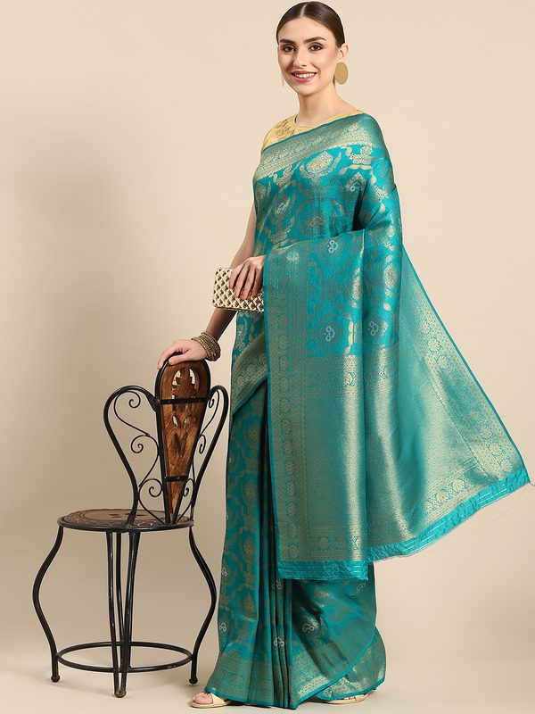 all about you Sea Green & Golden Ethnic Motifs Zari Silk Blend Banarasi Saree
