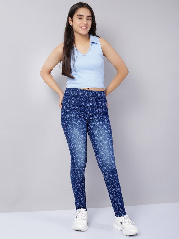 Naughty Ninos Girls Blue Skinny Fit Heavy Fade Printed Jeans