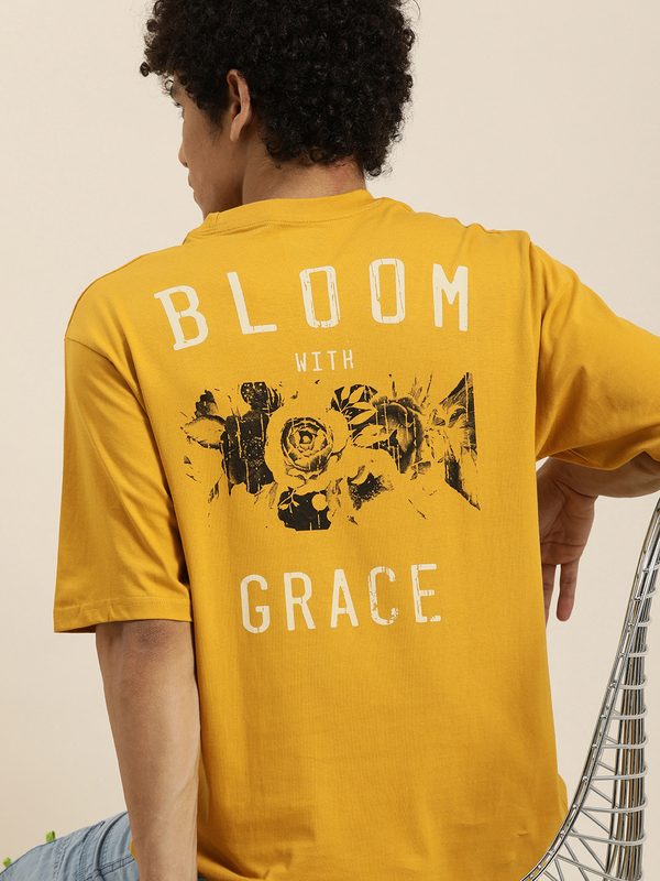 DILLINGER Men Mustard Yellow & Black Printed Pure Cotton Oversized T-shirt