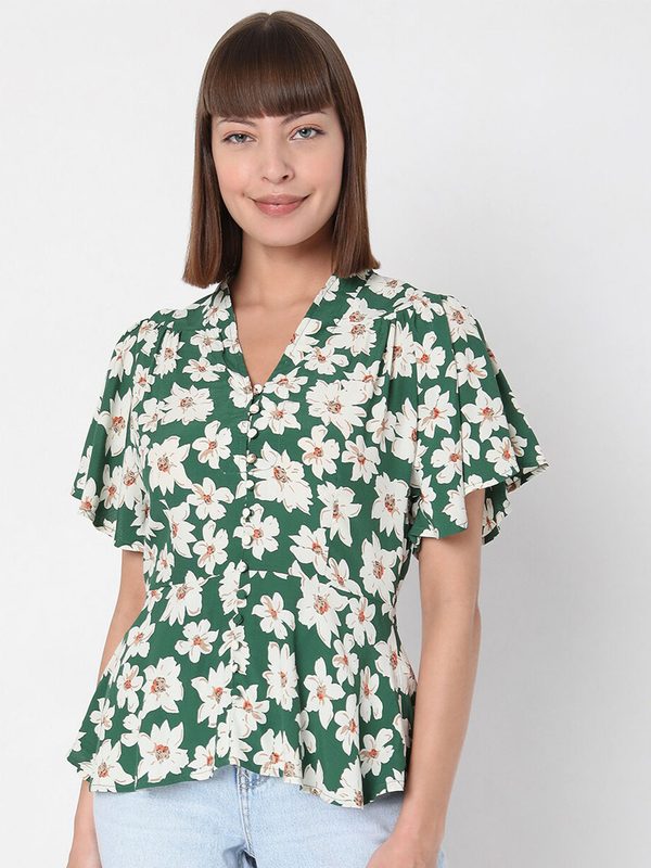 Vero Moda Green Floral Printed Empire Top