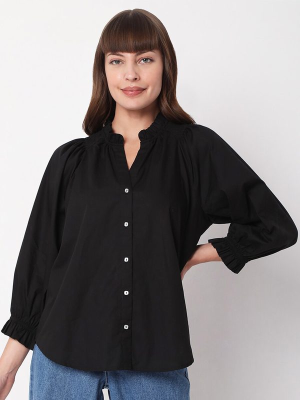 Vero Moda Black Mandarin Collar Roll-Up Sleeves Shirt Top