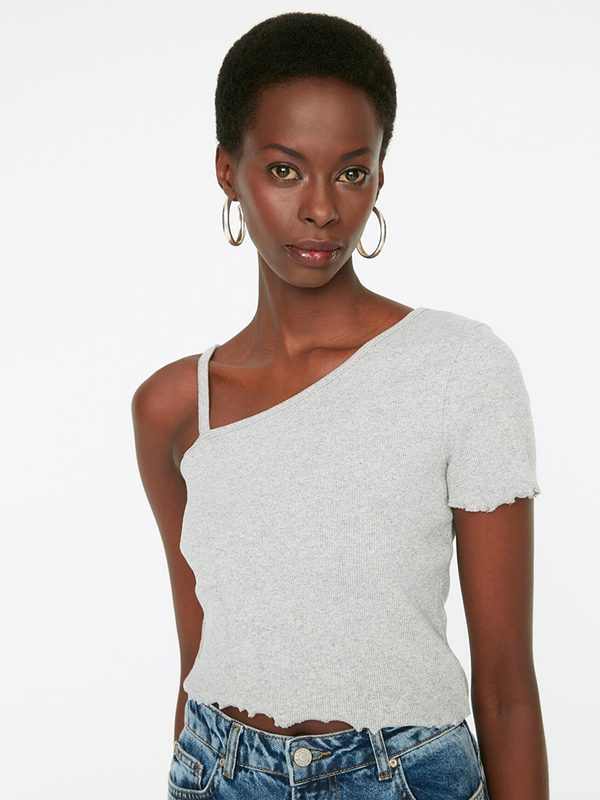 Trendyol Women Grey Melange Solid Fitted Ribbed Top with Lettuce Edge Sleeves